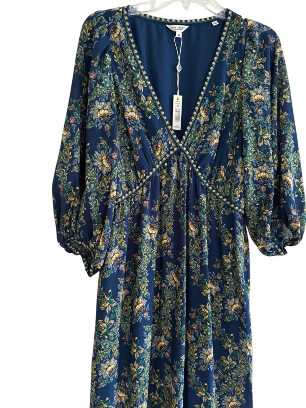 Max Studio Navy Boho Floral V-Neck Maxi Dress Empire Waist Balloon Sleeve M NWT - Picture 3 of 11